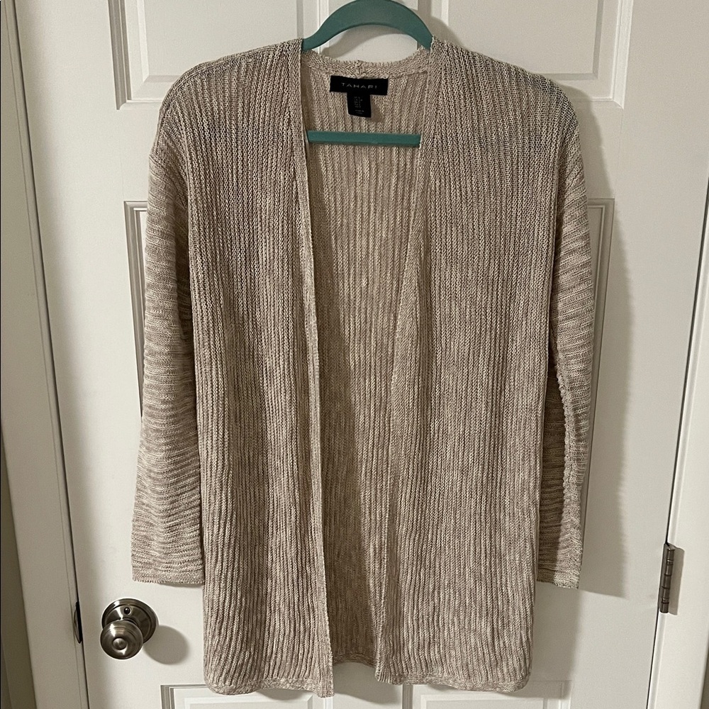 Tahari Linen Blend Open Front Cardigan Oatmeal Lightweight Size Small NWT